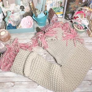 Crochet Unicorn Hat Scarf Mittens Beige & Pink One Piece Wrap Winter Handmade